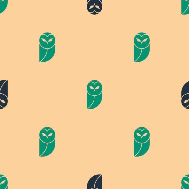 Yeşil ve siyah Baykuş ikonu, bej arka planda kusursuz desen izole etti. Hayvan sembolü. Vektör.