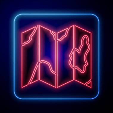 Ormanın parlak neon konumu mavi arkaplanda izole edilmiş bir harita simgesi üzerinde. Vektör.