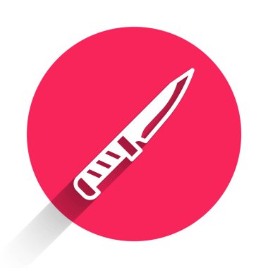 Uzun gölgeli beyaz askeri bıçak ikonu. Kırmızı daire düğmesi. Vektör.