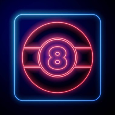 Parlayan neon bilardo bilardo topu. Siyah arka planda 8 numaralı ikon izole edilmiş. Vektör.