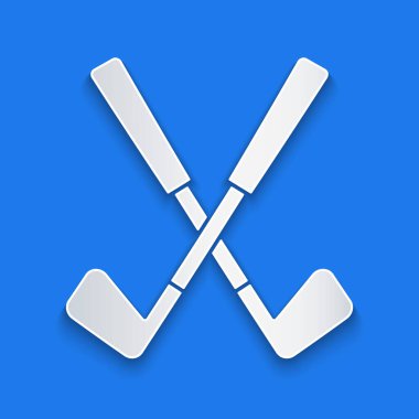 Kağıt kesiği golf sopası simgesi mavi arka planda izole edilmiş. Kağıt sanatı tarzı. Vektör.