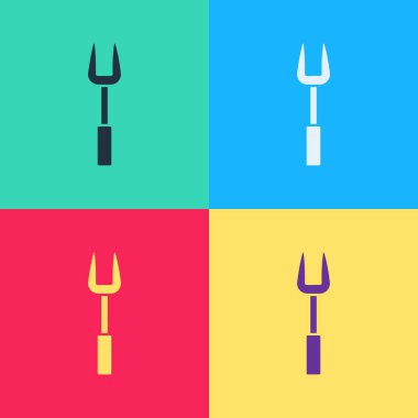 Beyaz arkaplanda izole edilmiş renkli barbekü çatalı simgesi. Mangal çatalı tabelası. Barbekü ve ızgara aleti. Sıvı şekilli soyut pankart. Vektör.