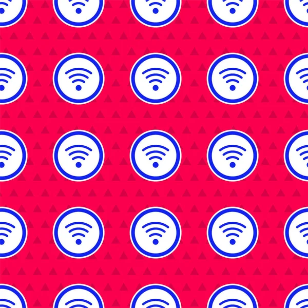 Mavi Wi-Fi kablosuz internet ağ sembolü simgesi kırmızı arkaplanda izole edilmiş. Vektör İllüstrasyonu.