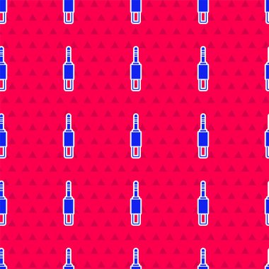 Mavi Ses Jack simgesi kırmızı arkaplanda izole edilmiş. Bağlantı ses ekipmanları için ses kablosu. Fiş kablosu. Müzik aleti. Vektör.