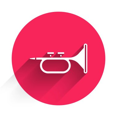 Uzun gölgeli beyaz müzik aleti trompet ikonu. Kırmızı daire düğmesi. Vektör.