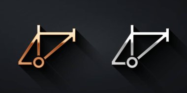 Siyah zemin üzerinde altın ve gümüş bisiklet çerçeve simgesi izole. Uzun gölge tarzı. Vektör.