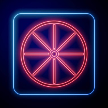 Parlayan neon bisiklet tekerleği simgesi siyah arkaplanda izole edildi. Bisiklet yarışı. Olağanüstü bir spor. Spor malzemeleri. Vektör.