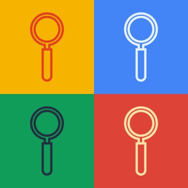 Pop sanat eseri büyüteç simgesi renk arkaplanında izole edilmiş. Arama, odaklanma, yakınlaştırma, iş sembolü. Vektör İllüstrasyonu.