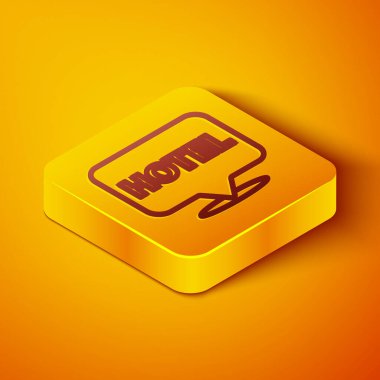 Isometric hattı konum otel simgesi turuncu arka planda izole. Otel, pansiyon, seyahat, konut kirası, gayrimenkul sembolü. Sarı kare düğme. Vektör İllüstrasyonu.