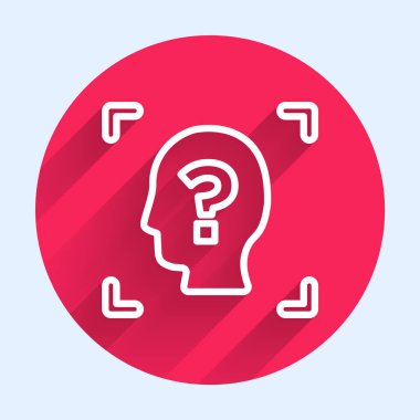 Beyaz çizgi yüz tanıma simgesi uzun gölgeyle izole edildi. Yüz tanımlama simgesi. Yüz tanıma. Siber güvenlik kavramı. Kırmızı daire düğmesi. Vektör.