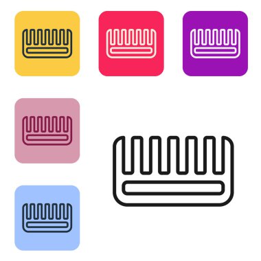 Beyaz arkaplanda siyah çizgi saç fırçası simgesi izole edildi. Taraklı saç işareti. Berber sembolü. Renkli kare düğmelerle simgeleri ayarla. Vektör.