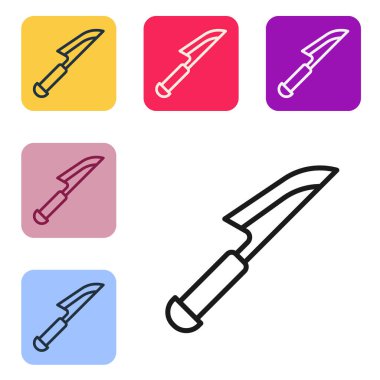 Siyah çizgi bıçak simgesi beyaz arkaplanda izole edildi. Çatal bıçak sembolü. Renkli kare düğmelerle simgeleri ayarla. Vektör.