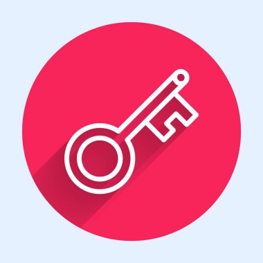 Beyaz çizgi Eski anahtar simgesi uzun gölgeli izole edilmiş. Kırmızı daire düğmesi. Vektör.