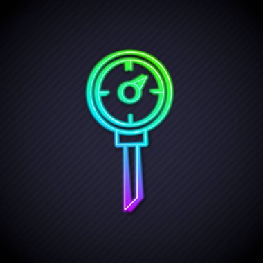 Parlayan neon hattı Mutfak termometre simgesi siyah arkaplanda izole edildi. Vektör.