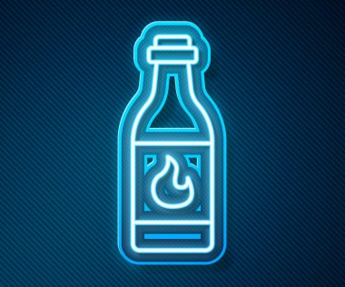 Parlayan neon hattı Tabasco sosu ikonu mavi arkaplanda izole edildi. Kırmızı biberli baharatlı biber sosu. Vektör.