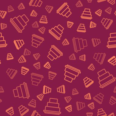 Kahverengi çizgi kek simgesi, kırmızı arkaplanda kusursuz desen izole etti. Doğum günün kutlu olsun. Vektör.