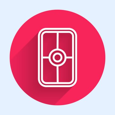 Beyaz çizgili Yunan kalkanı, uzun gölgeli Yunan süsleme ikonu. Kırmızı daire düğmesi. Vektör.