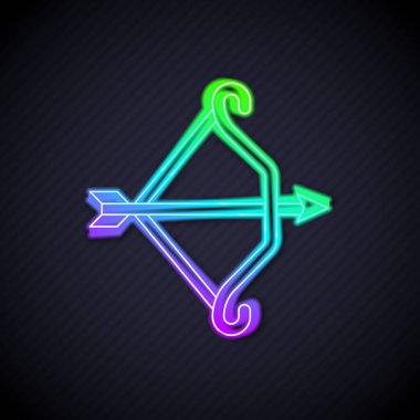 Siyah zemin üzerinde izole edilmiş ok ikonu olan parlak neon çizgisi Ortaçağ yayı. Ortaçağ silahı. Vektör.