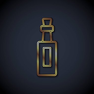 Altın çizgili zeytinyağı şişesi siyah arka planda izole edilmiş. Zeytinyağı ikonlu sürahi. Vektör.