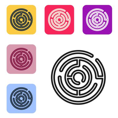 Siyah çizgi Minotaur labirenti ya da labirent ikonu beyaz arka planda izole edilmiş. Antik Yunan mitolojisi. Renkli kare düğmelerle simgeleri ayarla. Vektör.