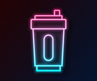 Siyah zemin üzerinde su ikonu olan parlak neon hattı spor şişesi. Vektör.