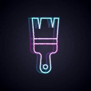 Parlayan neon çizgisi fırça simgesi siyah arkaplanda izole edildi. Vektör.