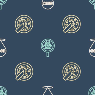 Hat GDO 'su, bakteri ve biyolojik tehlike içeren petri kabı ve kusursuz desenli büyüteç. Vektör.