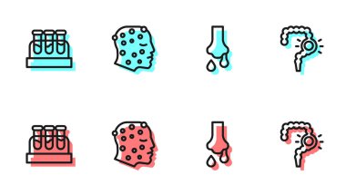 Burun akışı, kan testi tüpü, sedef ya da egzama isiliği ve bağırsak kabızlığı ikonu. Vektör.