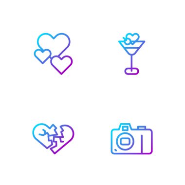 Fotoğraf makinesi, kırık kalp ya da boşanma, Heart and Martini bardağı. Renk simgeleri. Vektör.