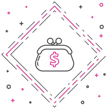 Dolar sembollü çizgi cüzdan beyaz arka planda izole edilmiş. Çanta ikonu. Nakit tasarruf sembolü. Renkli taslak konsepti. Vektör İllüstrasyonu.