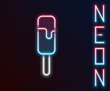 Parlayan neon hattı dondurma ikonu siyah arka planda izole edildi. Güzel sembol. Renkli taslak konsepti. Vektör İllüstrasyonu.