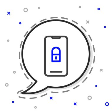 Beyaz arkaplanda kapalı asma kilit simgesine sahip çizgi akıllı telefonu izole edildi. Kilitli telefon. Gezici güvenlik, güvenlik, koruma konsepti. Renkli taslak konsepti. Vektör İllüstrasyonu.