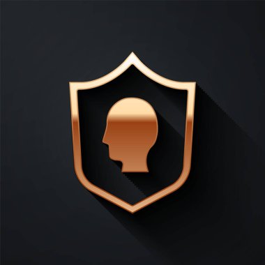 Altın Kullanıcı koruma simgesi siyah arkaplanda izole edildi. Güvenli kullanıcı girişi, şifre koruması, kişisel veri koruması, kimlik doğrulaması. Uzun gölge tarzı. Vektör.