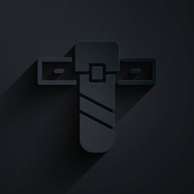 Kağıt kesiği, siyah arka planda izole edilmiş bıçak kılıfı simgesi. Kağıt sanatı tarzı. Vektör.