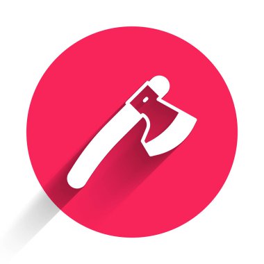 Beyaz tahta balta ikonu uzun gölgeli izole edilmiş. Oduncu baltası. Kırmızı daire düğmesi. Vektör.