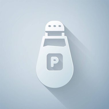 Kağıt kesiği Pepper simgesi gri arkaplanda izole edilmiş. Yemek pişirme baharatları. Kağıt sanatı tarzı. Vektör.