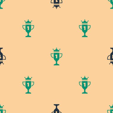 Yeşil ve siyah ödüllü kupa ikonu bej arka planda kusursuz desen izole etti. Galibiyet ödülü sembolü. Şampiyonluk ya da yarışma kupası. Spor başarısı işareti. Vektör.