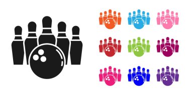 Beyaz arka planda siyah bovling lobut ve top ikonu izole edildi. Spor malzemeleri. Simgeleri renklendirin. Vektör.