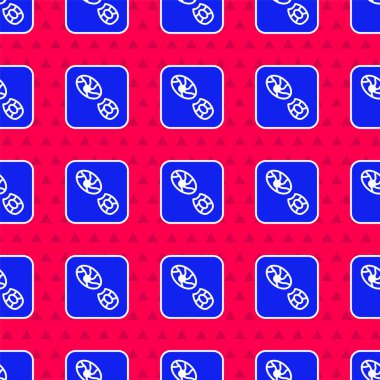 Mavi insan ayak izi ayakkabı ikonu kırmızı arka planda izole edilmiş pürüzsüz desen. Ayakkabı tabanı. Vektör.