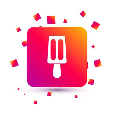 Beyaz arka planda izole edilmiş çubuk ikonunda beyaz dondurma. Güzel sembol. Kare renk düğmesi. Vektör.