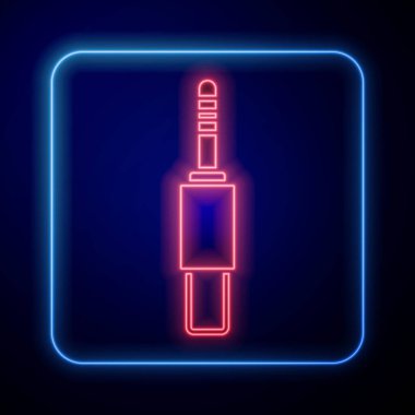 Parlayan neon ses kriko simgesi siyah arkaplanda izole edildi. Bağlantı ses ekipmanları için ses kablosu. Fiş kablosu. Müzik aleti. Vektör.