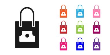 Beyaz arka planda izole edilmiş sprey kapaklı siyah kağıt alışveriş torbası. Simgeleri renklendirin. Vektör.