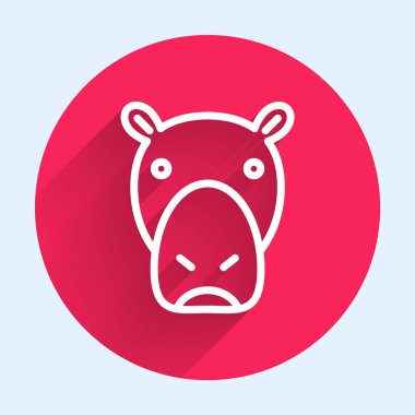 Beyaz çizgi Hippo veya Hippopotam ikonu uzun gölgeli izole edilmiş. Hayvan sembolü. Kırmızı daire düğmesi. Vektör.