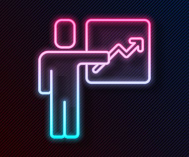 Siyah arka planda izole edilmiş bir yönetici ikon ekibinin parlak neon hattı lideri. Vektör.