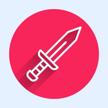 Beyaz Çizgili Kılıç simgesi uzun gölgelerle izole edildi. Ortaçağ silahı. Kırmızı daire düğmesi. Vektör.