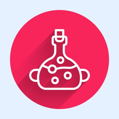 Şişe ikonundaki beyaz çizgi uzun gölgeli zehir. Bir şişe zehir ya da zehirli kimyasal toksin. Kırmızı daire düğmesi. Vektör.