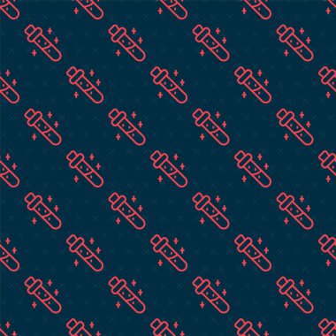 İksir ikonlu kırmızı çizgi şişesi siyah arka planda izole edilmiş pürüzsüz desen. Sihirli iksirli matara. Vektör.