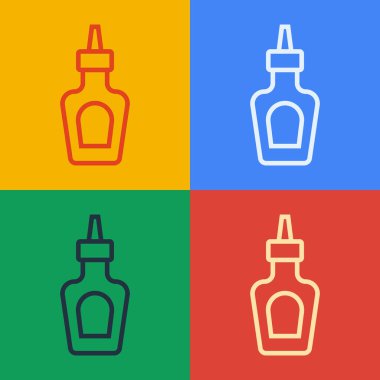 Pop sanat eseri sos şişesi ikonu renk arkaplanında izole edilmiş. Ketçap, hardal ve fast food için soslu mayonez şişeleri. Vektör.