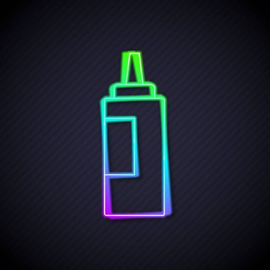 Parlayan neon hattı sos şişesi simgesi siyah arka planda izole edilmiş. Ketçap, hardal ve fast food için soslu mayonez şişeleri. Vektör.