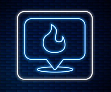 Parlak neon çizgili harita işaretçisi ve tuğla duvar arkasında izole edilmiş ateş alevi simgesi. Yakında yangın var. Vektör.